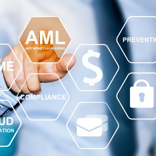 hand touching button with AML anti money laundering sign